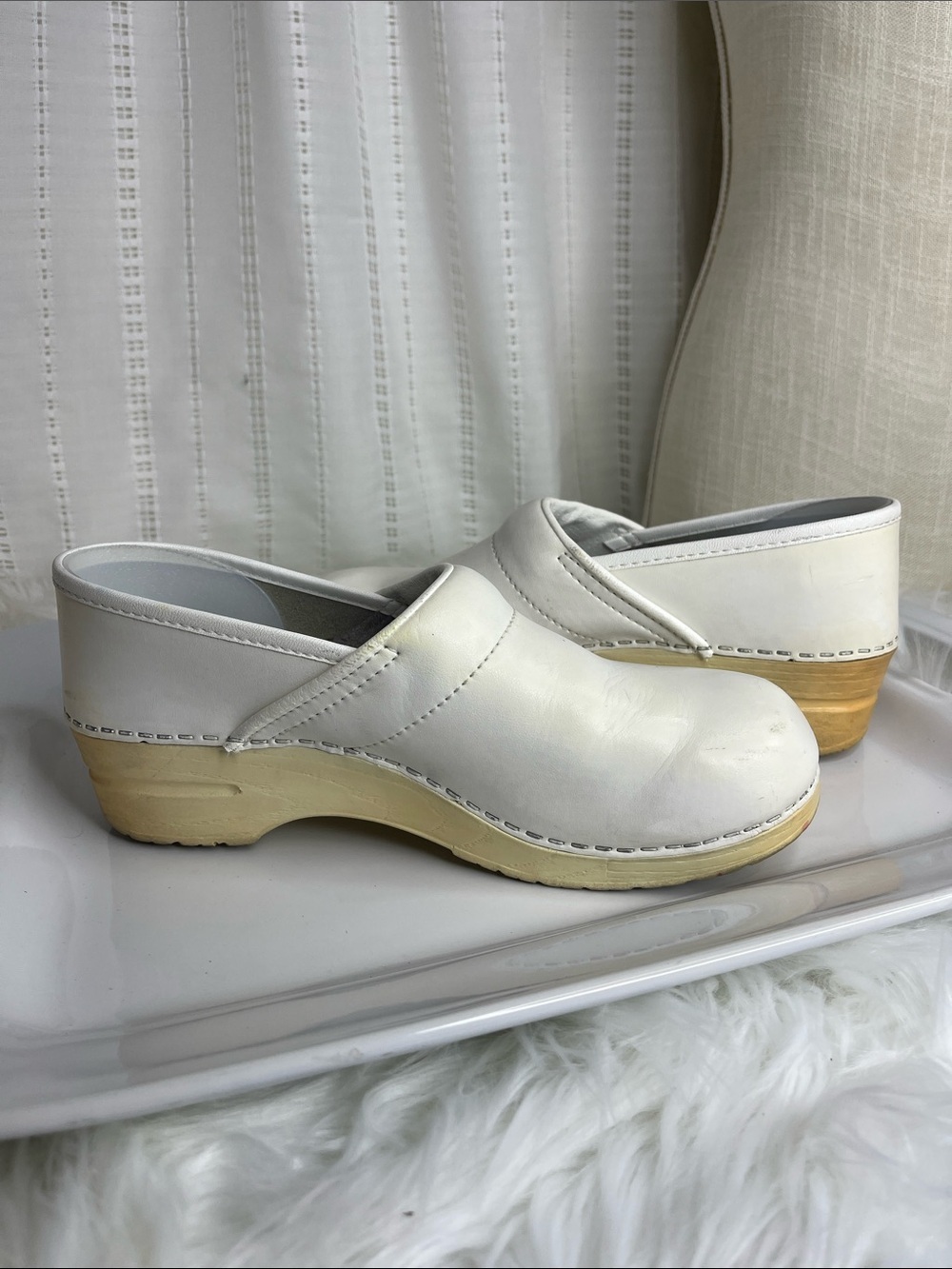 Dansko White Leather Clogs with Natural Wood-Tone Sole